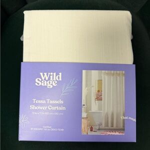 NWT Wild Sage 72-Inch x 72-Inch Beige Tassels White Shower Curtain